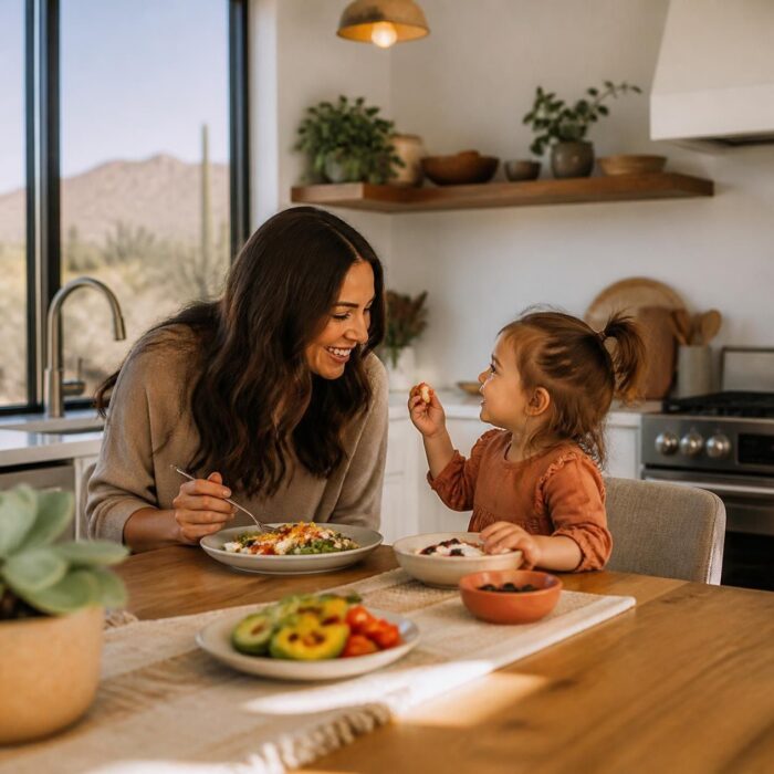 A parent helping their child with a snack