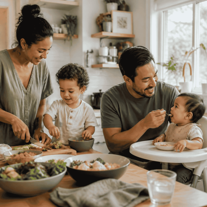 Family in a bright, naturally-lit kitchen with parents and young children sharing a mealtime together