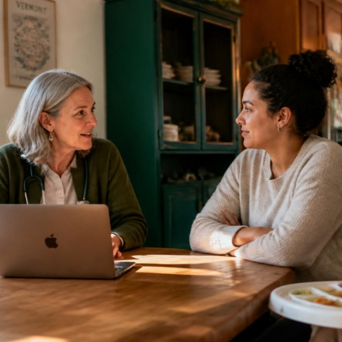 Provider consulting with a parent about pediatric feeding and nutrition.